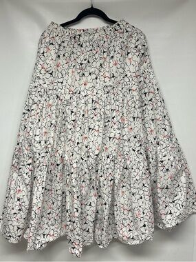 Zara White Tiered Maxi Skirt with Black & Coral Floral Print